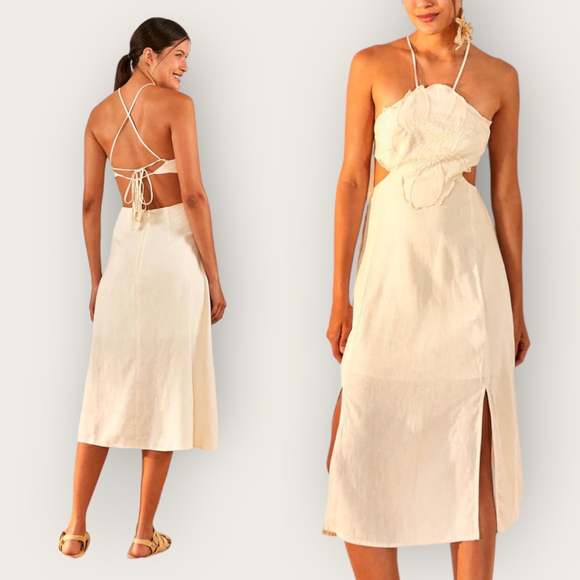 Farm Rio Dresses & Skirts - FARM RIO Flower Top Cut Out Midi Dress Halterneck Side Slits Off-White Large NWT